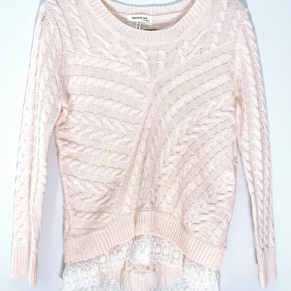 Monteau Pink Sweater with lace trim